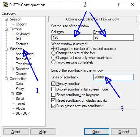 putty 的设置示意图