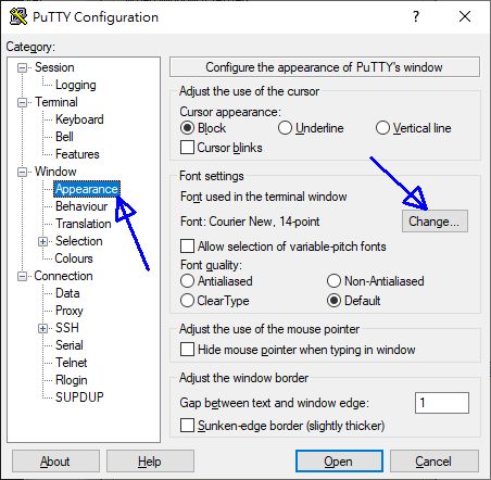 putty 的设置示意图