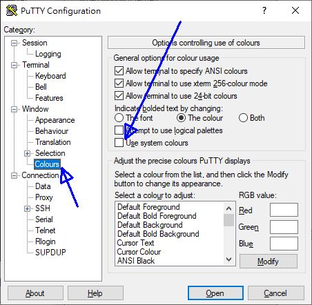 putty 的设置示意图