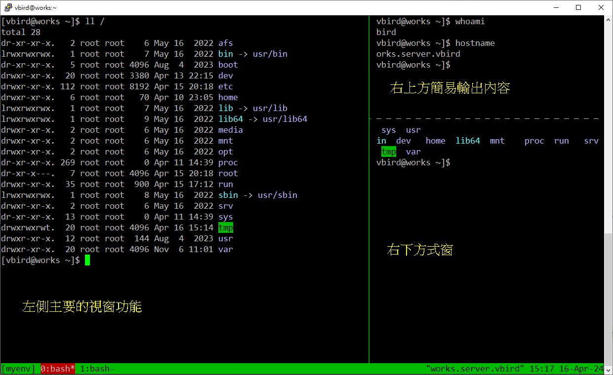 图 10.3.4-7、tmux 切出多个面板示意图